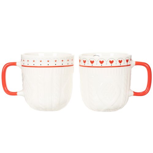 Coffee mug with red handle, knitted pattern and heart decoration, ceramic, 9cm, 2 pieces | Floristik24.ie