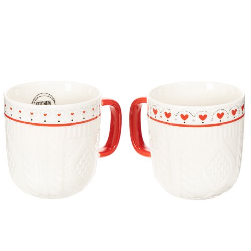 Coffee mug with red handle, knitted pattern and heart decoration, ceramic, 9cm, 2 pieces | Floristik24.ie