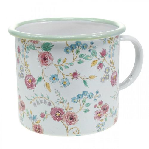 Plant cup roses Enamel decorative cup with handle white Ø9.5cm