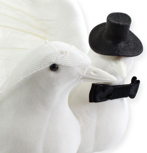 Product Wedding decoration bird bride and groom, white flocked with glitter and feathers, 32cm - Romantic table decoration dove pair