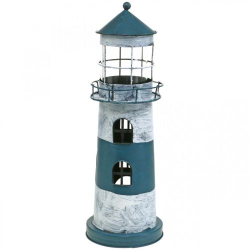 Tea light lighthouse maritime decoration metal blue, white Ø14cm H41cm