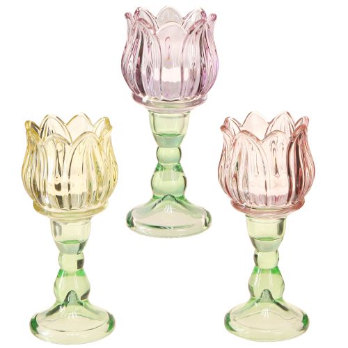 Floristik24 Tealight glass flower tealight holder glass 3 colors Ø7cm H16cm 3pcs