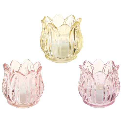 Floristik24 Tealight Glass Flower Lantern Glass 3 Colors Ø7cm H7cm 6pcs