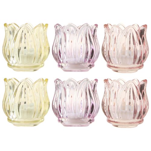 Floristik24 Tealight Glass Flower Lantern Glass 3 Colors Ø7cm H7cm 6pcs