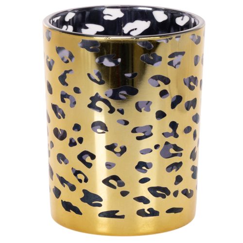 Glass tealight holder with leopard print for table decoration, 12cm