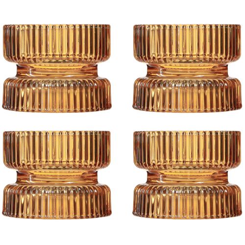 Product Tealight holder glass ribbed decoration orange Ø9cm H7cm 4 pcs