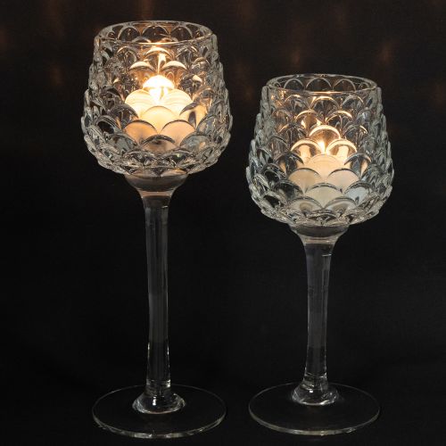 Product Glass tealight holder, cone shape, with base, H19.5/22.5cm, set of 2