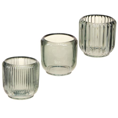 Product Tealight holder glass in grey grooves decor 8cm 6 pcs