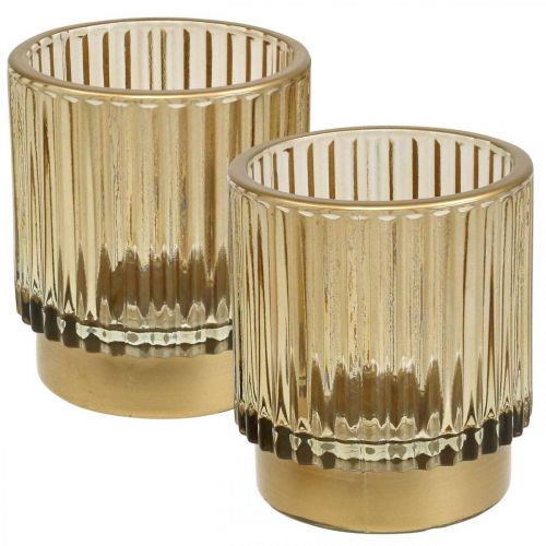 Floristik24.ie Lantern glass ribbed tealight holder gold H8cm 2pcs07141