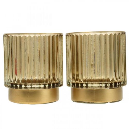Floristik24 Lantern glass ribbed tealight holder gold H8cm 2pcs