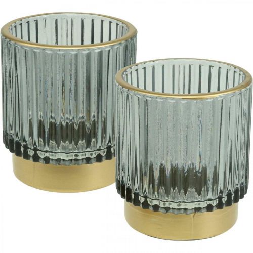 Floristik24 Lantern glass ribbed tealight holder gold/grey H8cm 2pcs