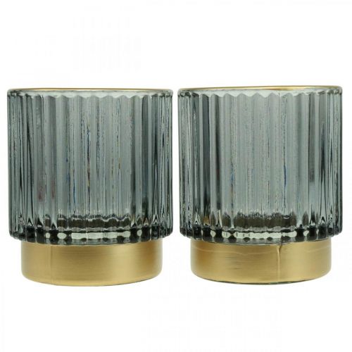 Floristik24 Lantern glass ribbed tealight holder gold/grey H8cm 2pcs