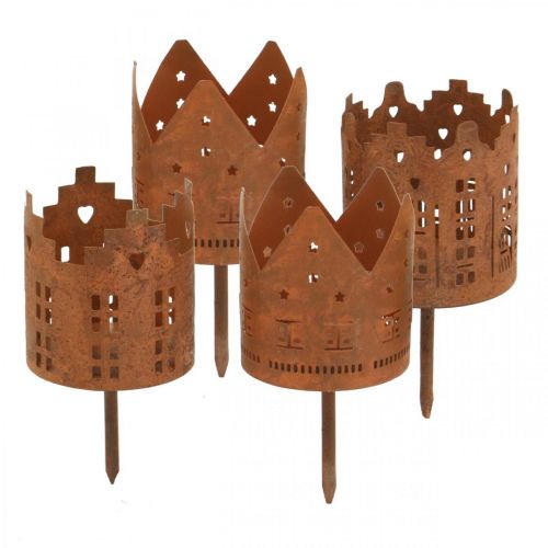 Tealight holder house metal rust little house to stick Ø6,5cm 4pcs