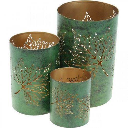 Floristik24 Lantern metal leaves green, golden H20 / 15 / 10cm set of 3