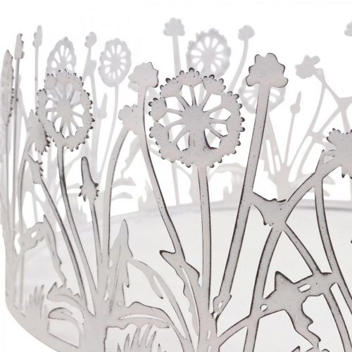 Product Decorative tray with dandelions, metal decoration for spring white, silver shabby chic Ø25cm H10.5cm
