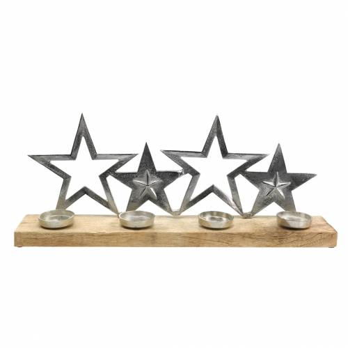Floristik24 Candlestick star silhouette on wooden base silver, natural metal, mango wood 35cm × 14cm