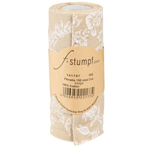 Product Table Ribbon with Flowers Table Runner Cotton Beige 15cm 3m