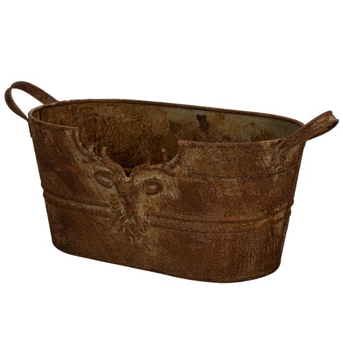 Oval metal bowl with handles, deer motif, rust finish, 36cm