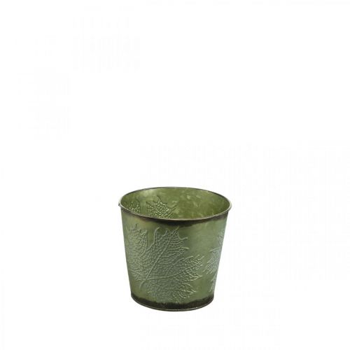 Floristik24 Planter with leaf decoration, metal vessel for autumn, green plant bucket Ø10cm H10cm