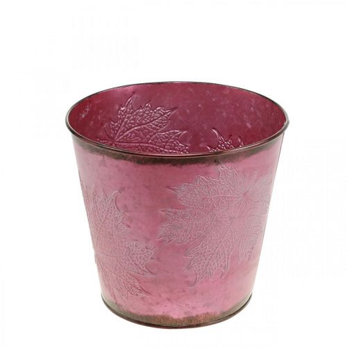 Planter, metal bucket with leaves, autumn decoration wine red Ø18cm H17cm
