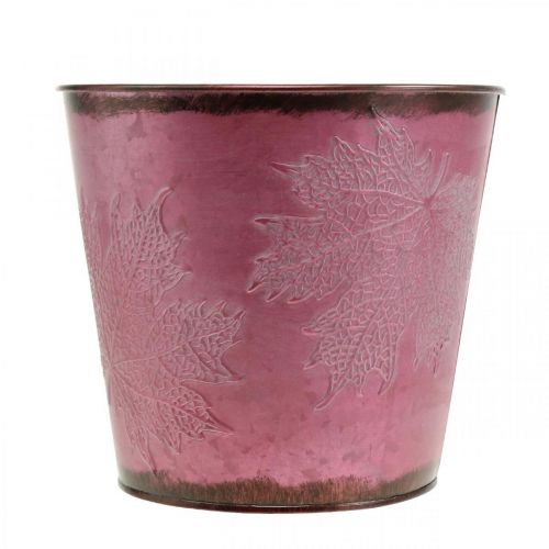 Product Planter, metal bucket with leaves, autumn decoration wine red Ø18cm H17cm