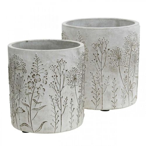 Floristik24 Vase Concrete White Flower Vase with Relief Flowers Ø12.5cm 2pcs