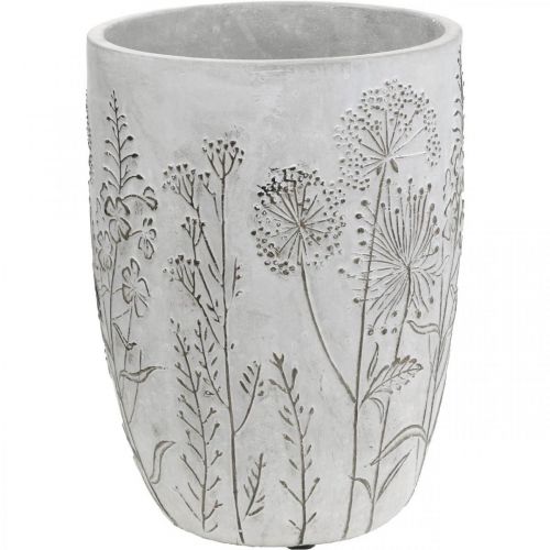 Vase Concrete White Flower vase with relief flowers vintage Ø18cm