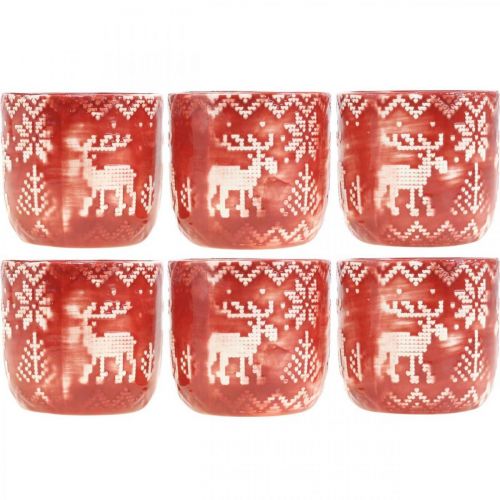 Floristik24 Ceramic decoration with reindeer, Advent decoration, planter with Norwegian pattern red / white Ø7.5cm H7cm 6pcs