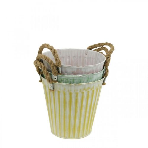 Plant bucket, metal pot with handles, decorative planter for planting pink/green/yellow shabby chic Ø12cm H10cm set of 3