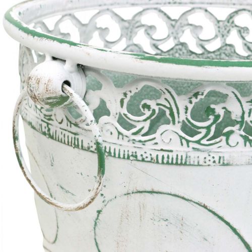 Sheet metal bucket with embossing, planter with handles white, green shabby chic H22/19.5/17.5 cm Ø25.5/20.5/15.5 cm set of 3