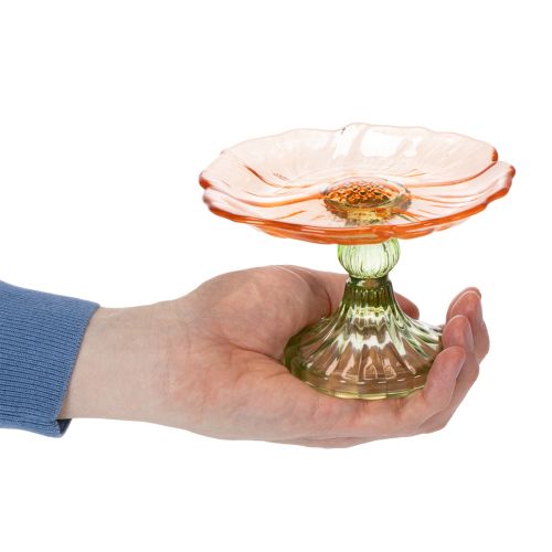 Product Decorative glass plate with foot, flower design, for stylish table decoration and summer decor, 15cm