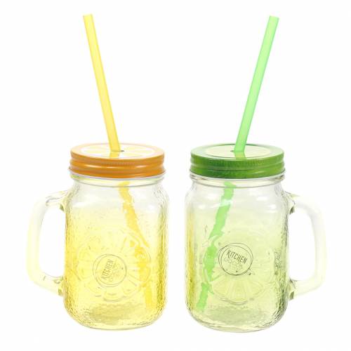 Floristik24 Drinking glass with lid and straw assorted Ø7cm H13.5cm 2pcs