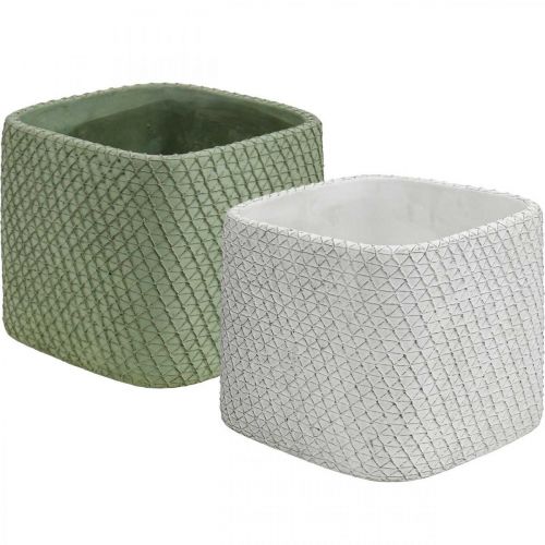 Planter ceramic white green relief mesh 17x17cm H15cm 2pcs