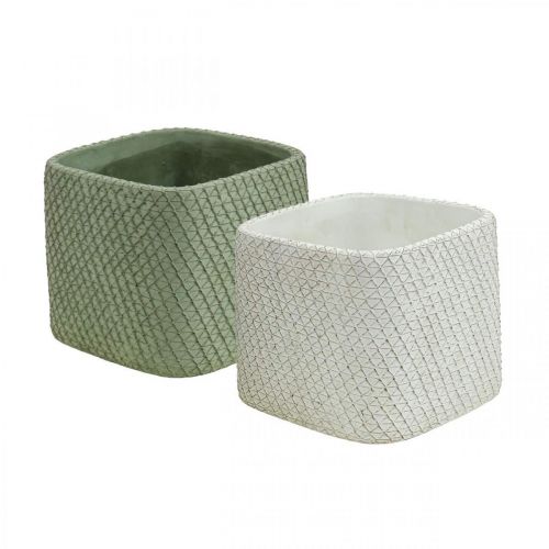 Planter ceramic white green relief mesh 12.5x12.5cm H9cm 2pcs