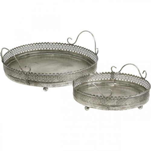 Vintage tray, decorative tray silver, candle tray H6cm Ø31/24cm set of 2