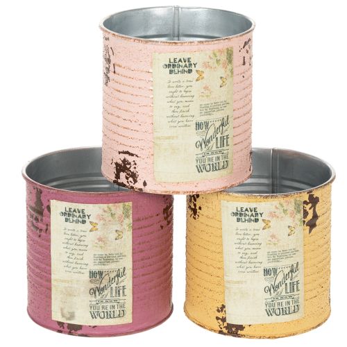 Vintage-look flower pot/tin with lettering for indoor decoration, 11cm, 3 pieces