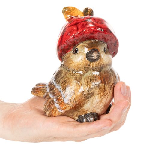 Decorative bird figurine with red apple cap, autumn decoration, 13cm | Floristik24.ie