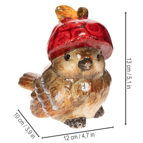 Decorative bird figurine with red apple cap, autumn decoration, 13cm | Floristik24.ie