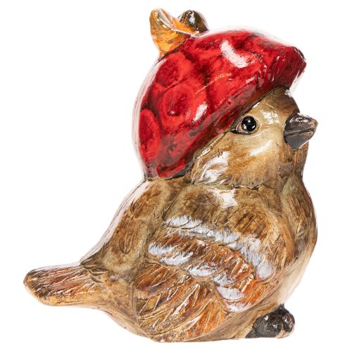 Decorative bird figurine with red apple cap, autumn decoration, 13cm | Floristik24.ie
