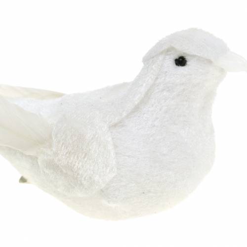 Product Dove flocked with feathers and clip white 13.5cm 4pcs