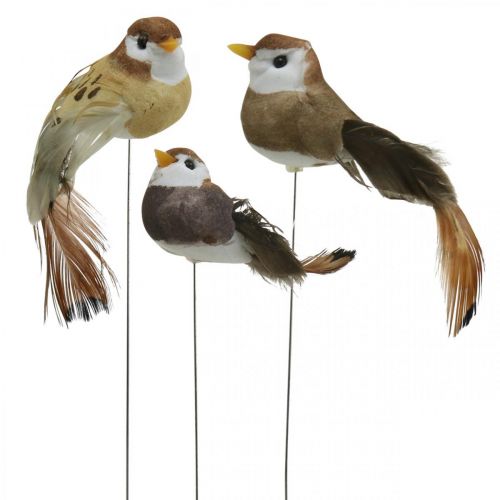 Spring decoration, mini birds, decorative birds on wire brown, beige H2.5cm 24pcs