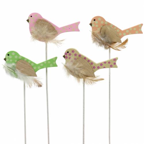 Floristik24 Decorative plug bird wood green, pink, yellow, orange assorted 7cm x 4cm H24cm 16 pcs