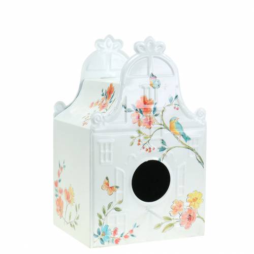 Decorative bird house with flowers metal white 25.5c × 16 × 13.5cm