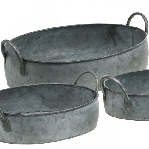 Product Planter with handles, zinc tub, antique-look flower bowl, silver L35.5 / 30.5 / 26.5cm, set of 3