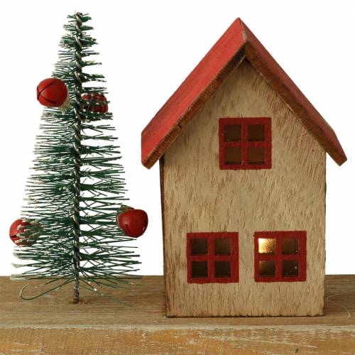 Christmas village with LED lighting natural, red wood 40 × 10.5 × 7cm