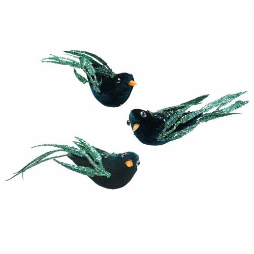 Christmas decoration blackbird with clip blue, glitter assorted 3pcs