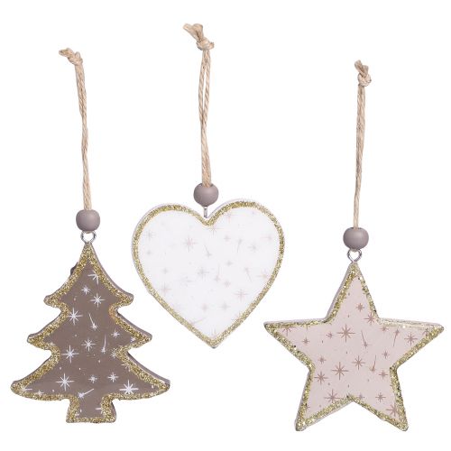Product Christmas ornaments, stars, trees, hearts, wooden decoration, vintage Scandinavian style, 6 pieces