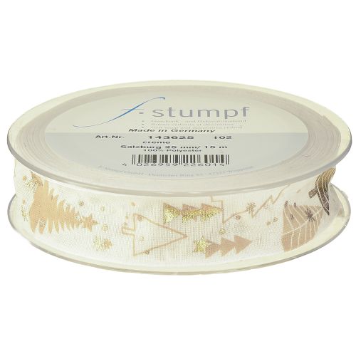 Floristik24 Christmas ribbon cream gold fir trees 25mm 15m
