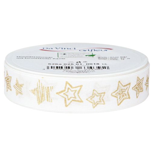 Product Christmas ribbon with star motif white gold 25mm 18m