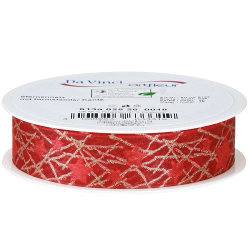 Product Christmas ribbon with stars net red and gold 25mm 18m